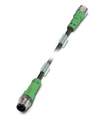 Un câble M12 vert et noir avec deux connecteurs. Adapté aux automatisations industrielles et aux connexions.