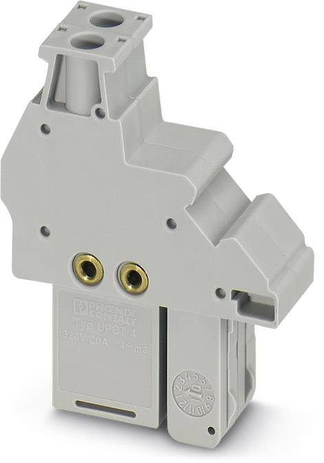 Un module de protection contre les surtensions gris, 320V/20A, avec deux ouvertures en haut, deux bornes de connexion dorées au milieu et un raccordement latéral.