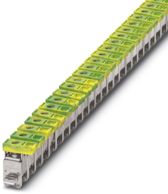 Une rangée de blocs de connexion jaune-vert sur une barre métallique, utilisés pour le câblage sécurisé dans les armoires électriques.