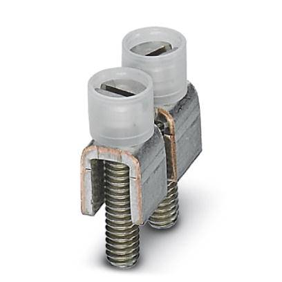 Deux bornes de connexion métalliques avec des capuchons en plastique pour connexions électriques, représentées en gros plan sur un fond clair.