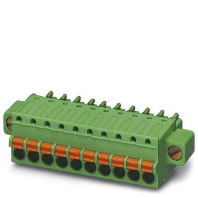 Connecteur vert avec des clips orange et plusieurs bornes de connexion.
