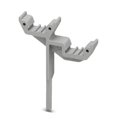 Une pièce en plastique grise en forme de T avec plusieurs points de fixation. Il semble s'agir d'un composant technique ou d'un support.