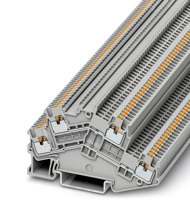 Module de bornes à plusieurs niveaux gris avec des leviers orange pour le câblage électrique, présenté dans une vue diagonale.