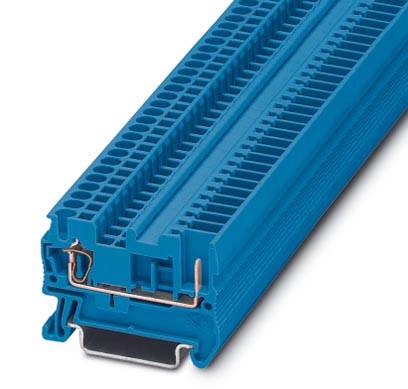 Bloc de bornes électrique modulaire en bleu avec plusieurs connexions pour câblage industriel.