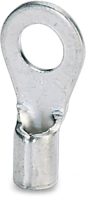 Une cosse à œillet en métal argenté. Elle possède une extrémité à œillet rond et un manchon cylindrique. Utilisée pour les connexions électriques.