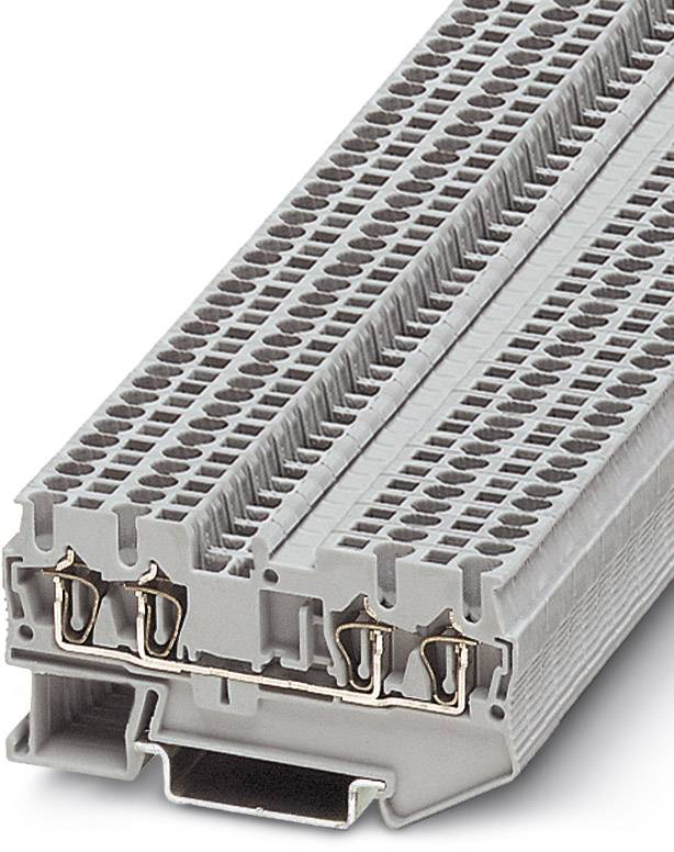 Un bloc de bornes à plusieurs niveaux de couleur grise, offrant plusieurs possibilités de connexion pour le câblage électrique.