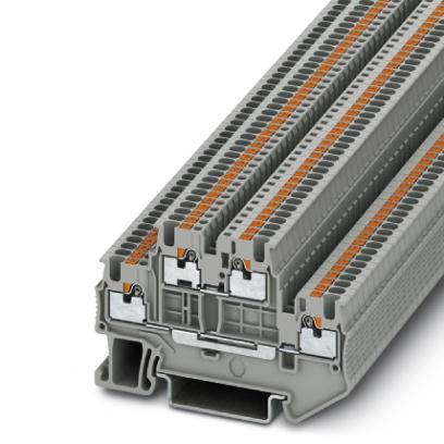 Barrette de connexion grise avec plusieurs possibilités de raccordement, idéale pour les installations électriques industrielles. Marquages orange sur les bornes.