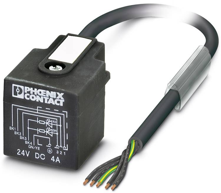 Un relais à courant continu 24V noir de Phoenix Contact avec plusieurs fils de connexion, adapté pour une intensité de courant de 4A.