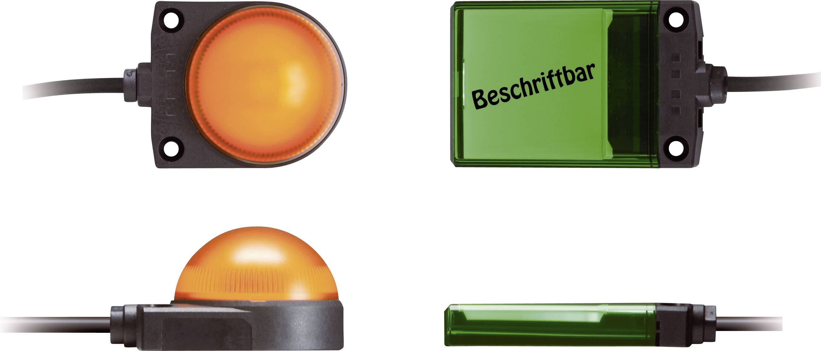 Deux lumières circulaires oranges en haut et en bas à gauche. Deux lumières rectangulaires vertes en haut et en bas à droite. Lumière supérieure droite portant l'inscription « Personnalisable ».