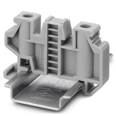 Barrette de connexion modulaire grise à deux entrées de câble. Elle est composée de plastique et montée sur un rail métallique.