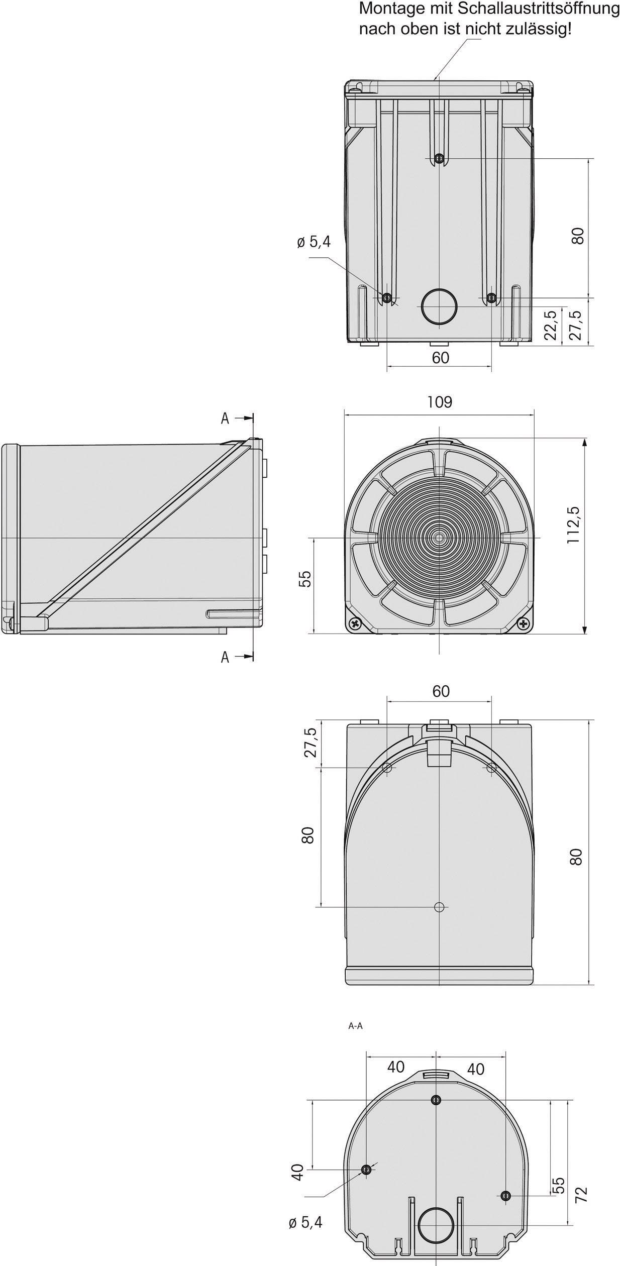 Dessin technique d'un appareil avec différentes vues et dimensions. En haut, il est inscrit 'Le montage avec sortie sonore vers le haut n'est pas autorisé'.