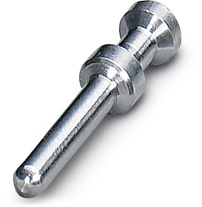 Boulon métallique avec une tige étroite et allongée, et une tête plus large et cylindrique, brillant couleur argent.
