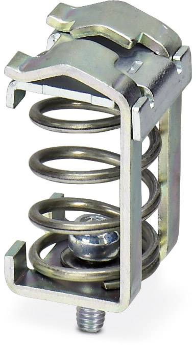 Agrafe métallique avec ressort spiral intégré et vis, utilisée pour la fixation de composants.