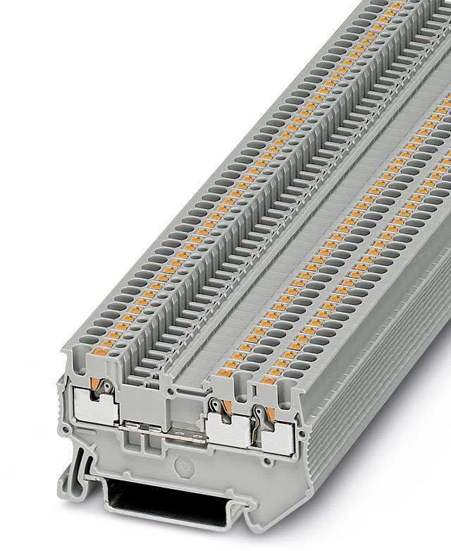 Barrette de bornes en rangée avec boîtier gris et éléments de guidage orange, adaptée aux tableaux électriques industriels.