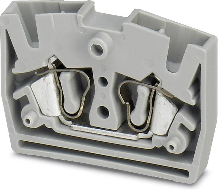 Un bloc de bornes modulaire gris en plastique, avec des connexions métalliques et plusieurs possibilités de raccordement.