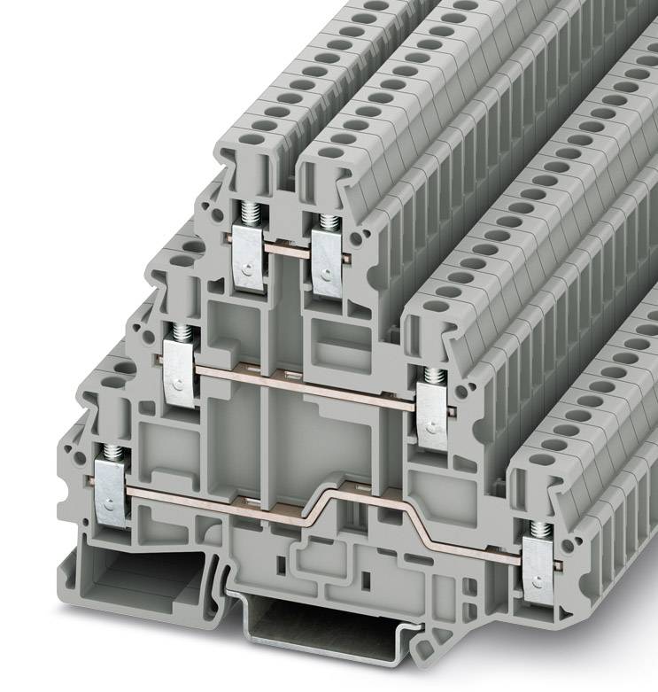 Barrette de connexion multicouche à trois niveaux, boîtier gris et éléments de connexion métalliques, pour le câblage électrique.
