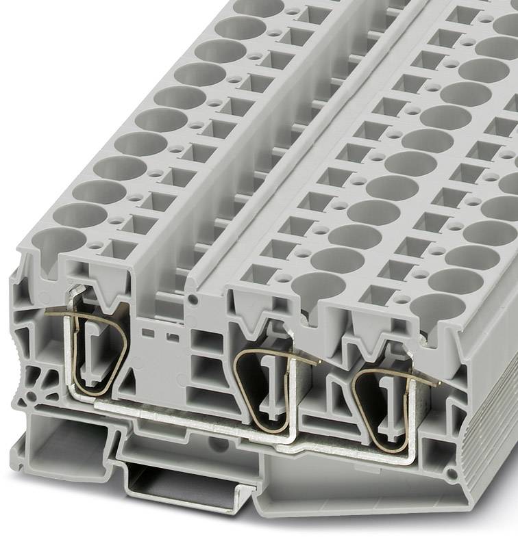 Bloc de jonction gris multiétages, fréquemment utilisé en électrotechnique pour la connexion de câbles et la distribution électrique.