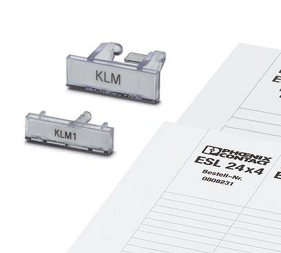 Deux panneaux rectangulaires blancs en plastique avec des inscriptions noires 'KLM' et 'KLM1'. À droite, un formulaire de commande de l'entreprise Phoenix Contact.