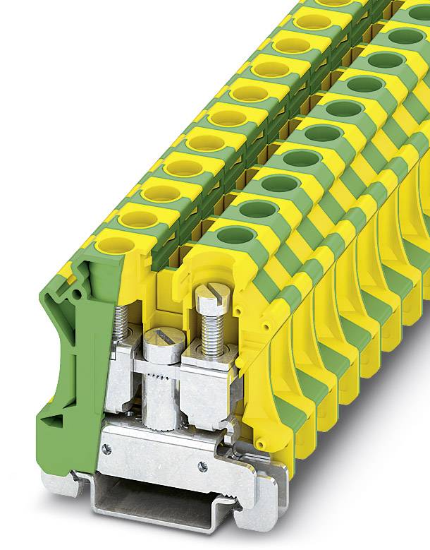 Bloc de bornes en design jaune et vert, présentant des connexions à vis et des supports de câbles. Convient parfaitement au câblage électrique sécurisé.