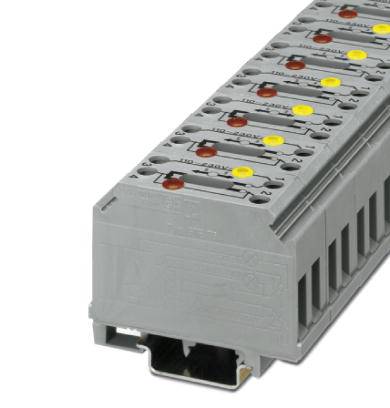 Bloc de bornes électrique gris en série avec plusieurs connexions et des voyants LED rouges et jaunes.