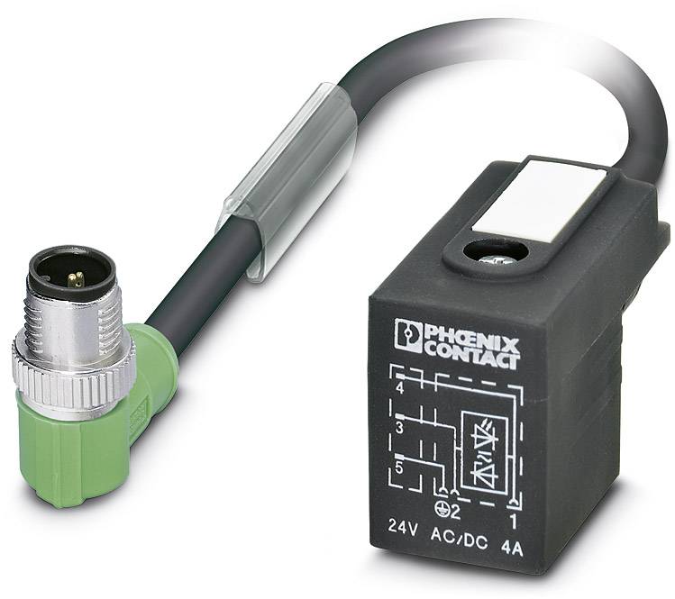 Connecteur capteur-actionneur Phoenix Contact avec boîtier noir pour 24V, 4A. Contient un schéma de câblage sur le dessus.