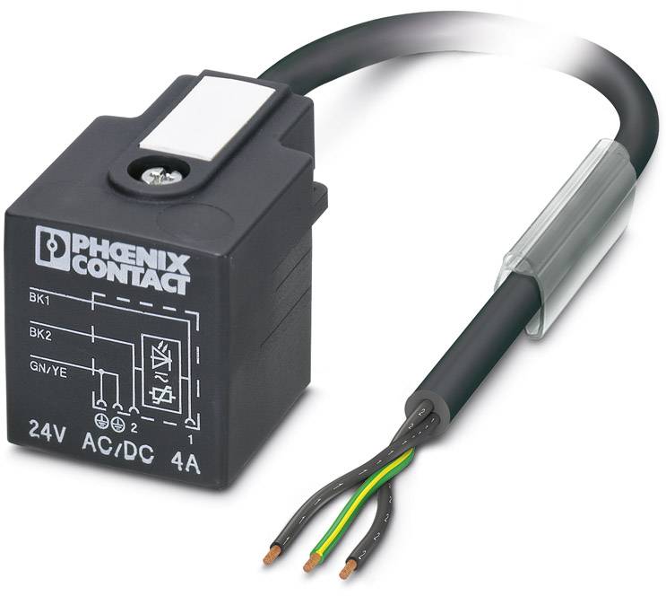 Un relais noir de Phoenix Contact avec 24V AC/DC et 4A, avec possibilités de connexion par câbles dénudés en noir, bleu, vert/jaune.