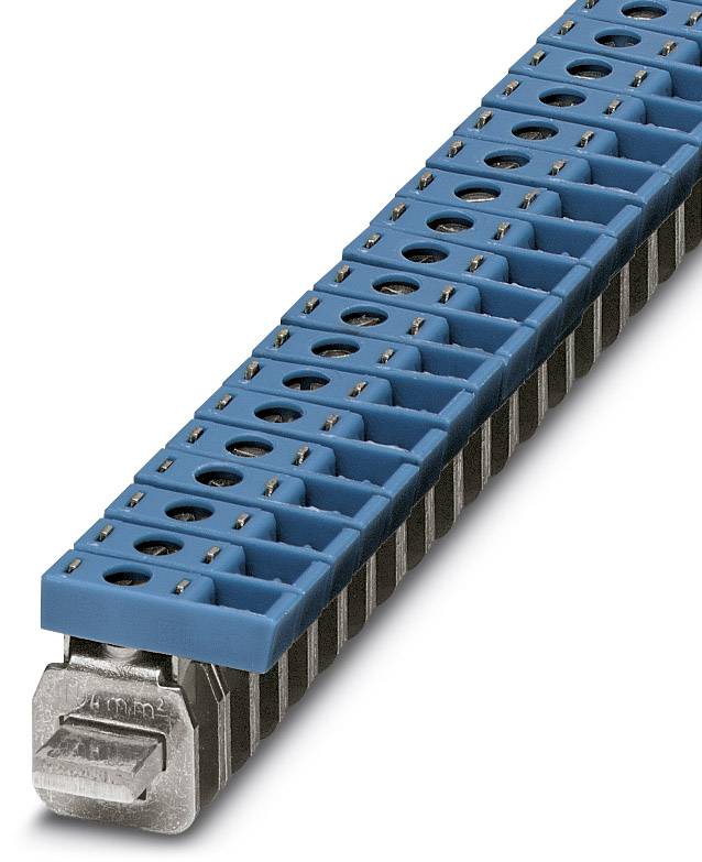 Un connecteur rectangulaire long en plastique bleu avec plusieurs bornes de connexion alignées.