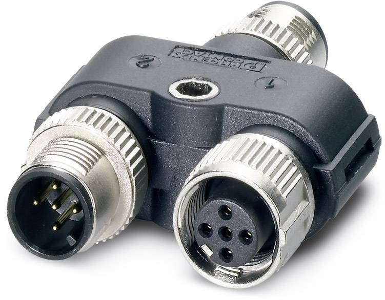 Un adaptateur en Y noir avec deux fiches femelles et une fiche mâle en métal, utilisé pour connecter des appareils électroniques.