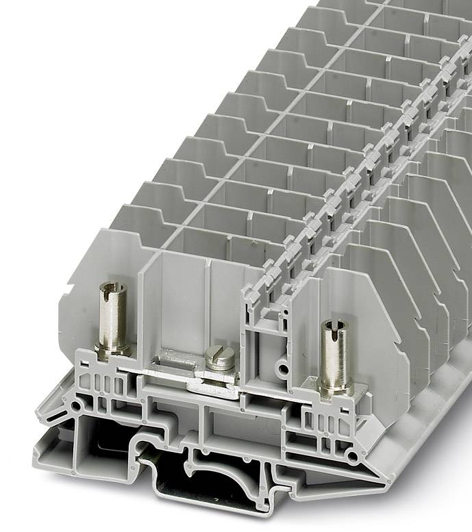Coupe transversale d'un connecteur en plastique gris à plusieurs emplacements, avec des bornes métalliques et un design structuré.
