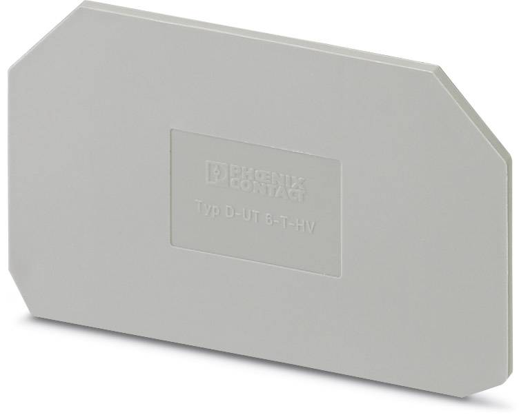 Couverture grise avec coins biseautés, estampillée du texte 'Phoenix Contact Type D-UT 6-T-HV', pour applications électriques.