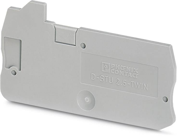 Boîtier en plastique gris portant l'inscription « PHOENIX CONTACT D-STU 2.5-TWIN ». Le boîtier présente plusieurs encoches et une fente de montage.