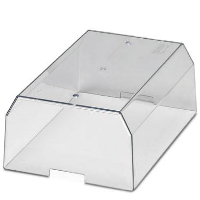 Couvercle rectangulaire transparent en plastique au design biseauté, adapté pour recouvrir des récipients ou des plateaux.