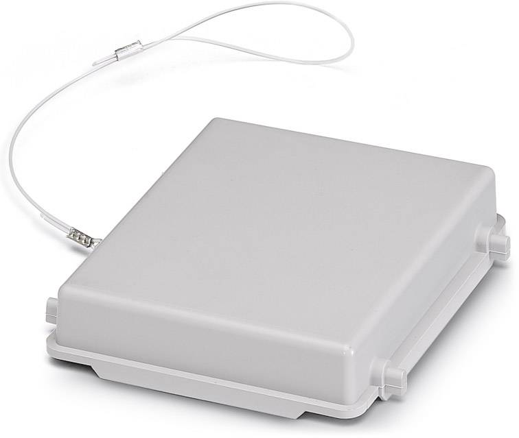 Un boîtier de sécurité rectangulaire gris verrouillable, équipé d'un mince câble en acier sur un côté.