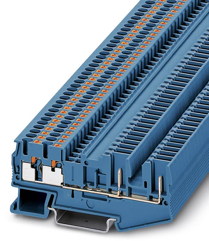 Bornier industriel en plastique bleu avec plusieurs rangées de connexions et des contacts métalliques, utilisé pour les connexions électriques.