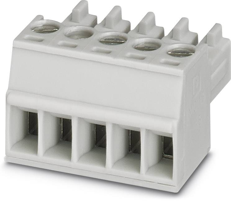 Un boîtier de connexion à cinq étages en plastique blanc avec des ouvertures pour les connexions de fils, composant typique en électronique.