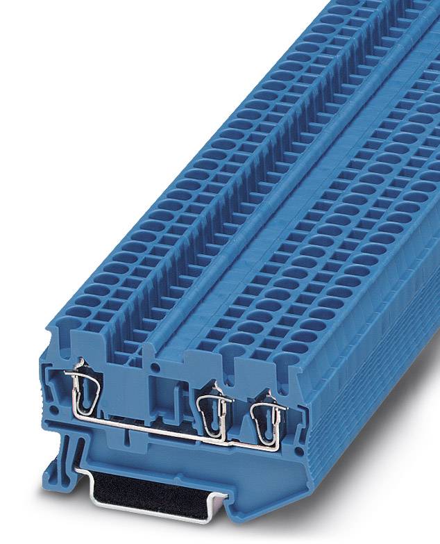 Un bloc de connecteur électrique bleu utilisé dans la technologie d'automatisation, avec deux bornes métalliques visibles.