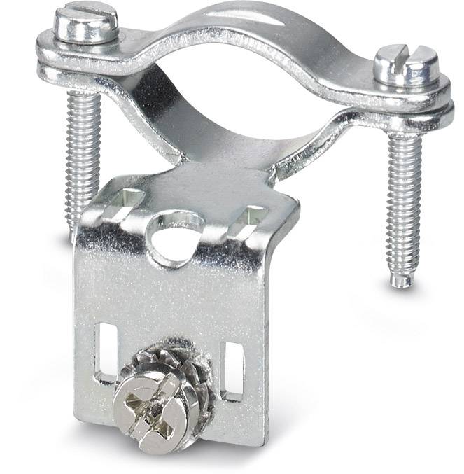 Une bride de fixation en argent avec deux vis, adaptée pour la fixation de tuyaux sur des murs ou des plafonds.