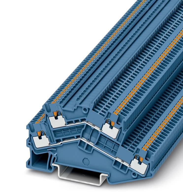 Un module de bornes de ligne empilable bleu avec des points de connexion orange. Adapté au montage ou au câblage dans les armoires électriques.