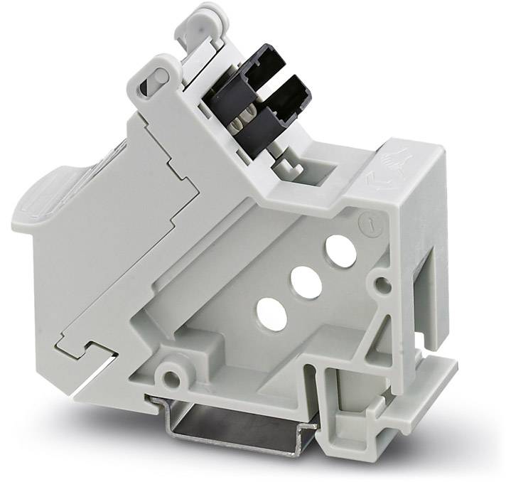 Un adaptateur électrique gris avec plusieurs orifices, adapté pour un montage sur rail de support, vue de côté.