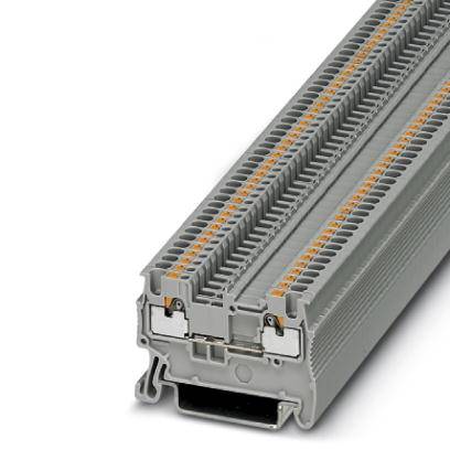 Barrette de connexion grise à plusieurs points de raccordement et clips de montage latéraux, adaptée pour le câblage électrique et la construction de tableaux électriques.