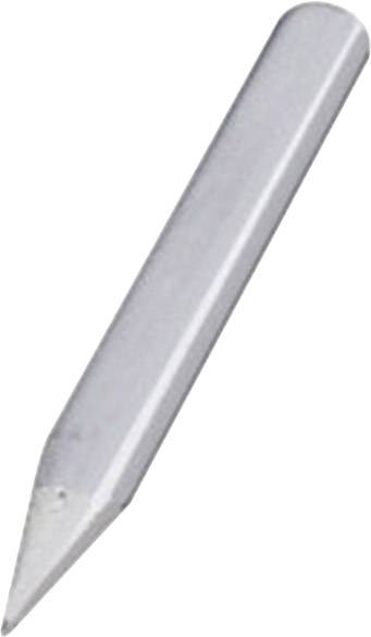 Un embout de stylo argenté, effilé en diagonale, sur fond blanc.