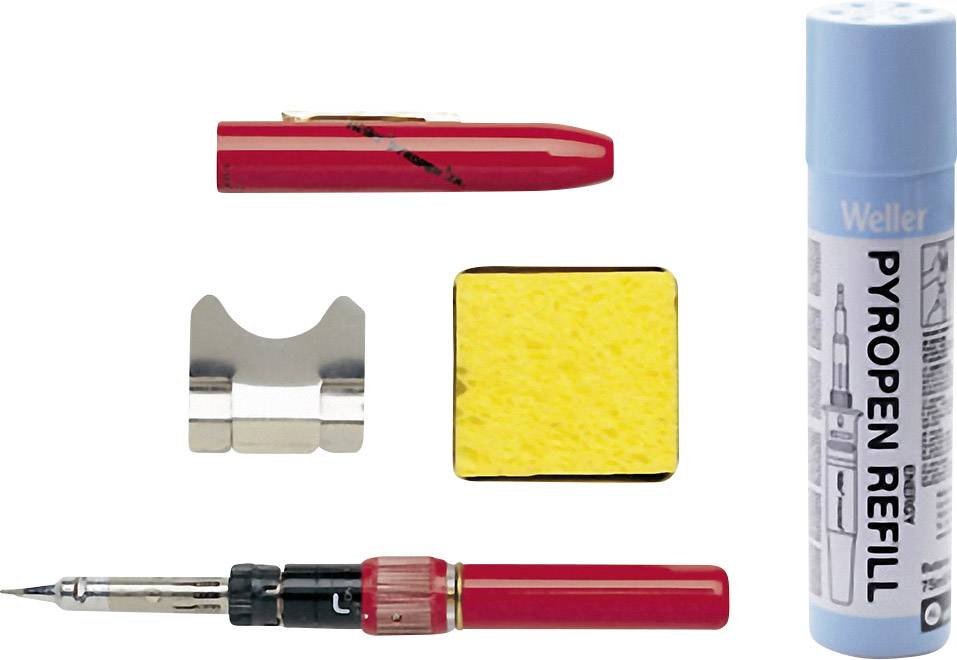 Un ensemble de fer à souder avec poignée rouge, éponge jaune, support de fer à souder et cartouche de recharge sur fond blanc.