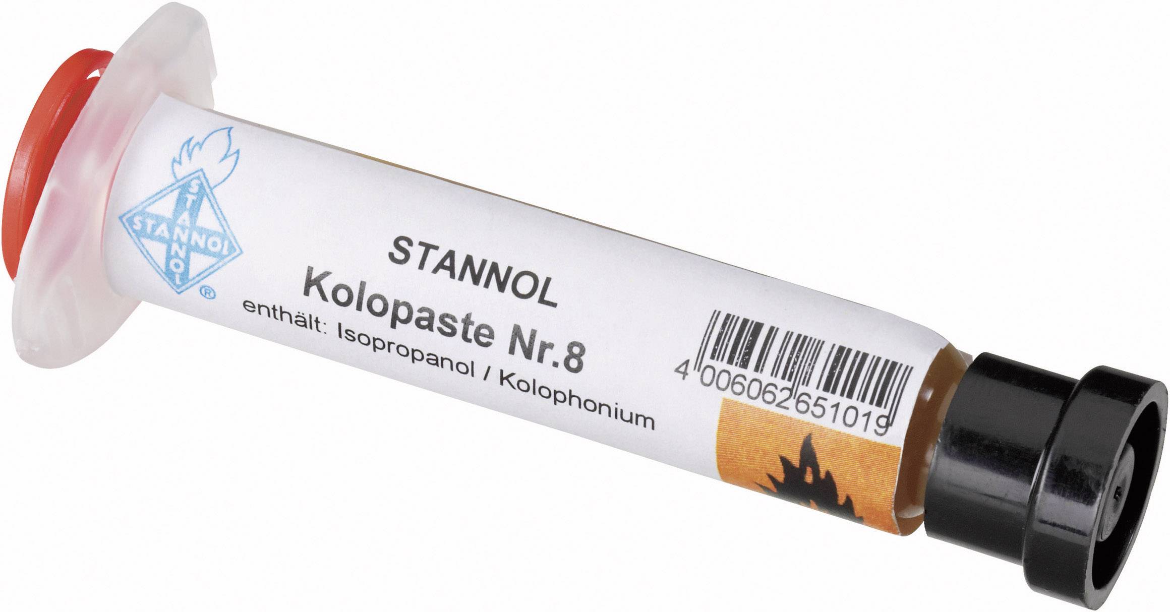 Un tube de pâte à souder n° 8 de Stannol, contenant de l'isopropanol et de la colophane, avec un symbole de flamme, un code-barres et un bouchon rouge.