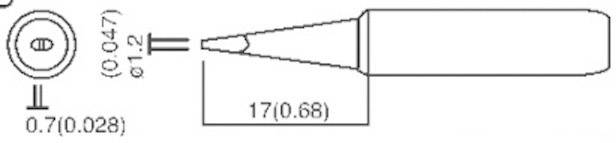 Dessin technique d'un embout de fer à souder avec dimensions : longueur totale 17 mm, largeur de pointe 1,2 mm, diamètre du support 0,71 mm.