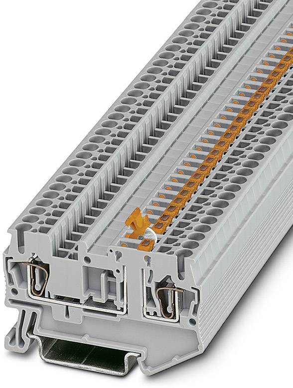 Barrette de connexion gris-orange avec plusieurs possibilités de raccordement, adaptée au montage sur rail DIN.