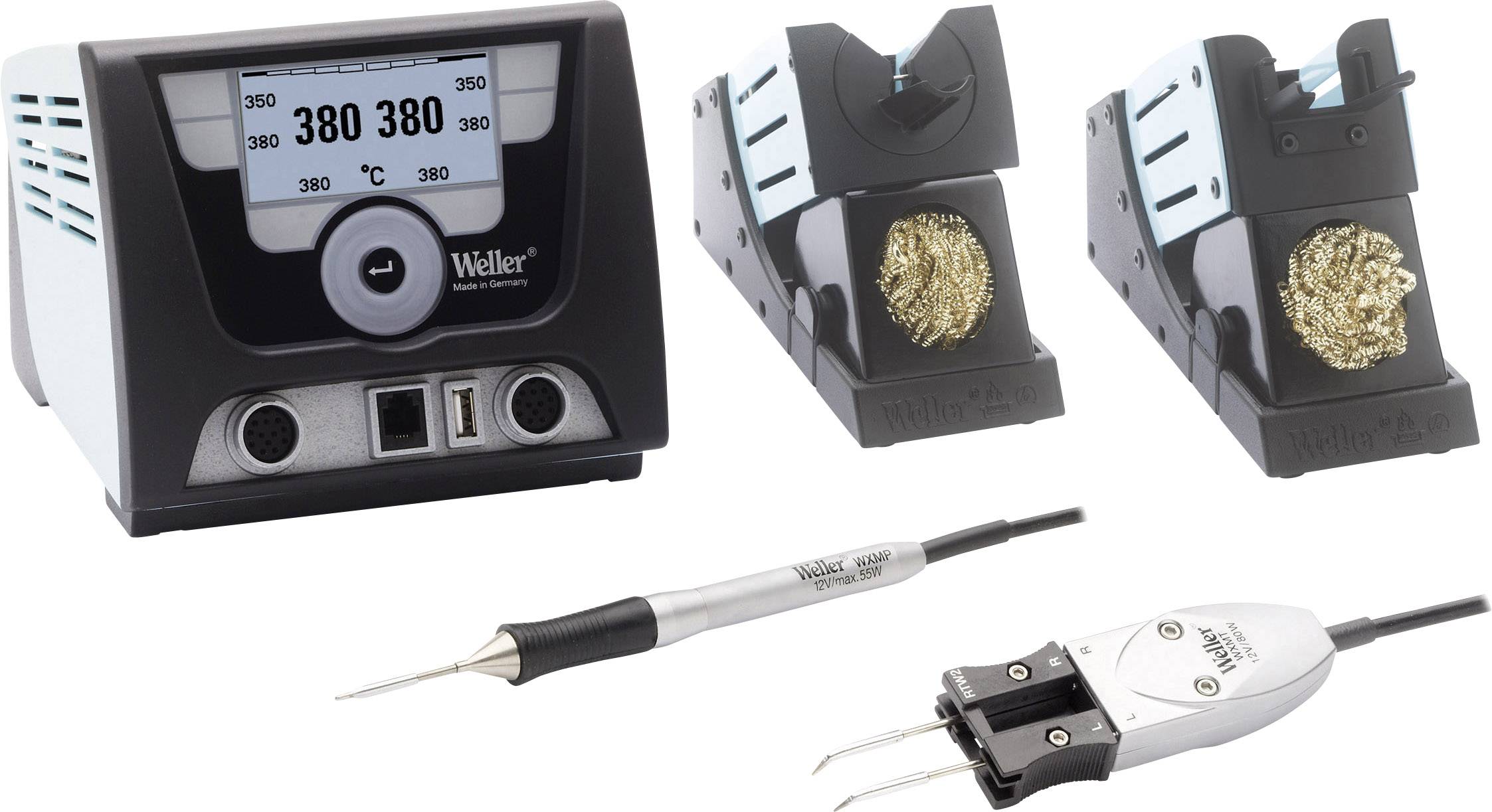 Station de soudage Weller avec affichage, deux supports d'outils, un fer à souder et un outil de dessoudage pour travaux de précision.