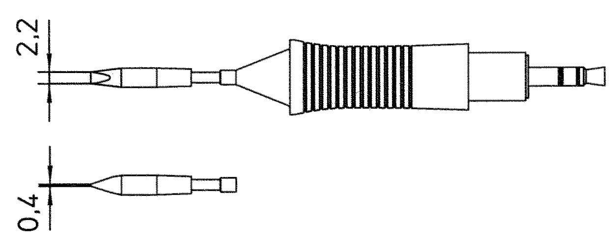 Dessin technique : Coupe transversale d'un connecteur. À gauche indication de diamètre '2,2' et à droite '0,4'. Les surfaces hachurées montrent les structures internes.