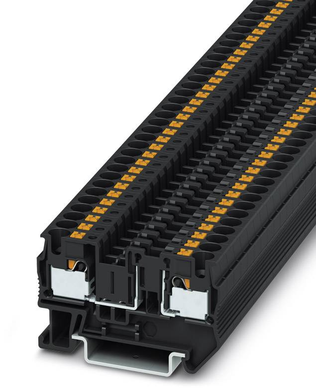 Module de bloc de bornes en noir avec des détails en orange, montrant plusieurs rangées de connexions. Composant technique pour le câblage.