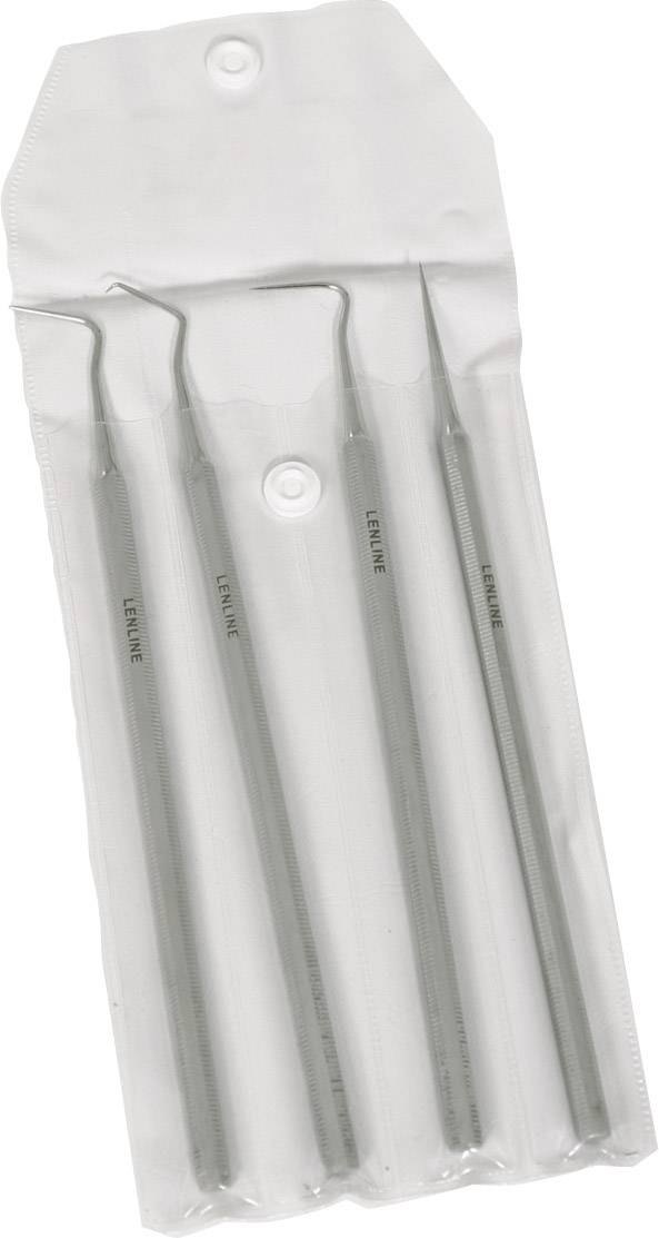 Quatre instruments dentaires dans un étui en plastique transparent. Chaque instrument possède une tête métallique fine et courbée.