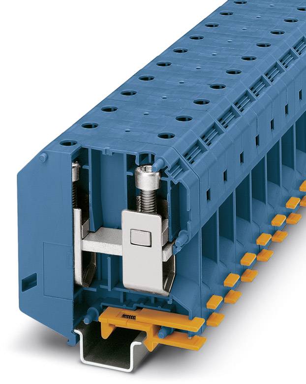 Un bloc de jonction électrique bleu avec plusieurs connexions et bornes, adapté à la distribution de signaux électriques.